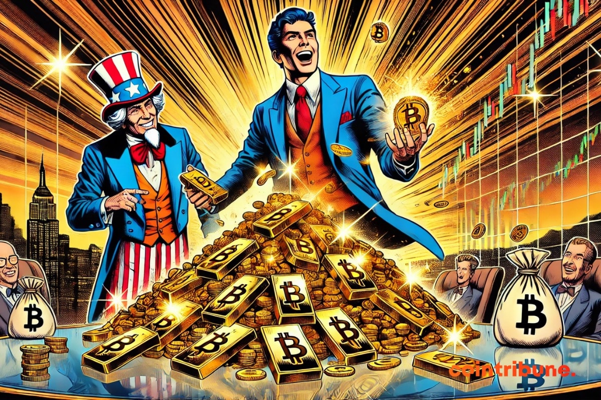 Investidores em criptomoedas na frente de barras de ouro e bitcoin na frente de gráficos em alta
