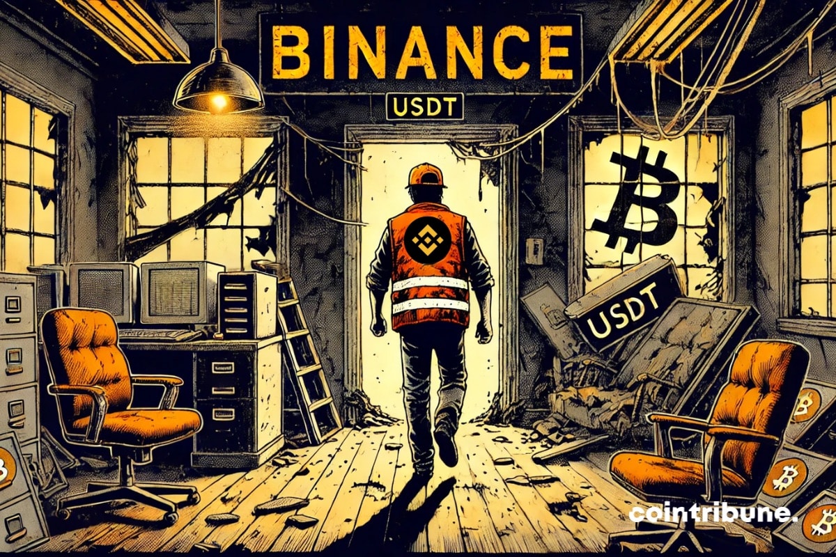 A Binance employee exits the gloomy USDT office