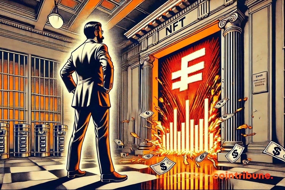 A man in a suit stands in front of a bank vault marked "NFT," with digital and dollar symbols exploding outward.
