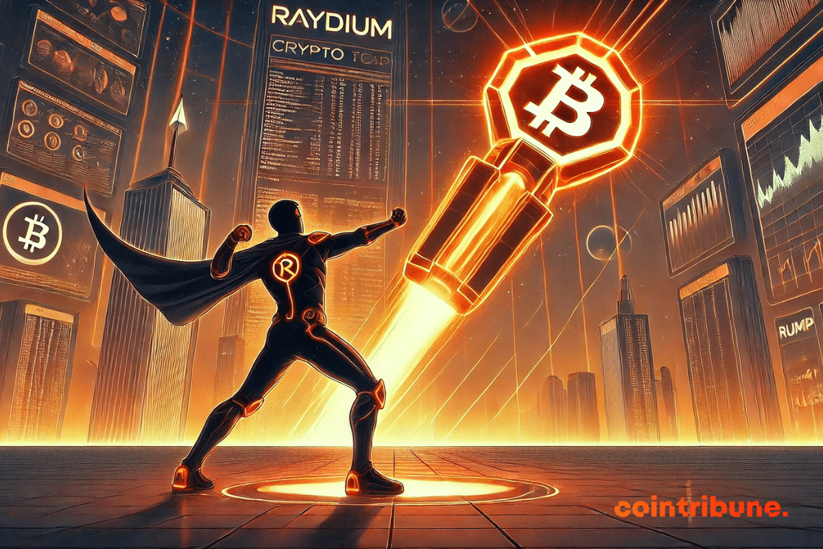 Illustration of Raydium in a futuristic scene, launching a brilliant crypto tool.