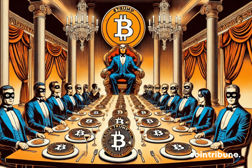 Ilustração de um jantar de criptografia com Trump entronizado no meio