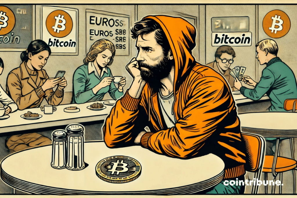 Jack Dorsey, pensativo, en un café con logotipos de bitcoin