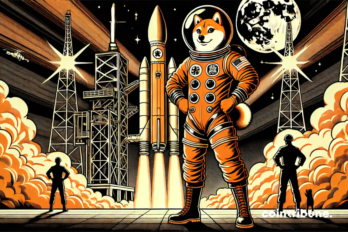 Illustration of the Dogecoin crypto as an astronaut