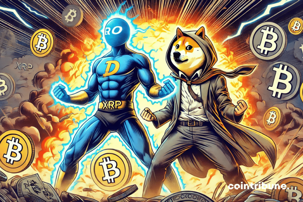 Ilustración de dos personajes humanoides que luchan por recuperarse tras la sacudida del mercado de criptomonedas.