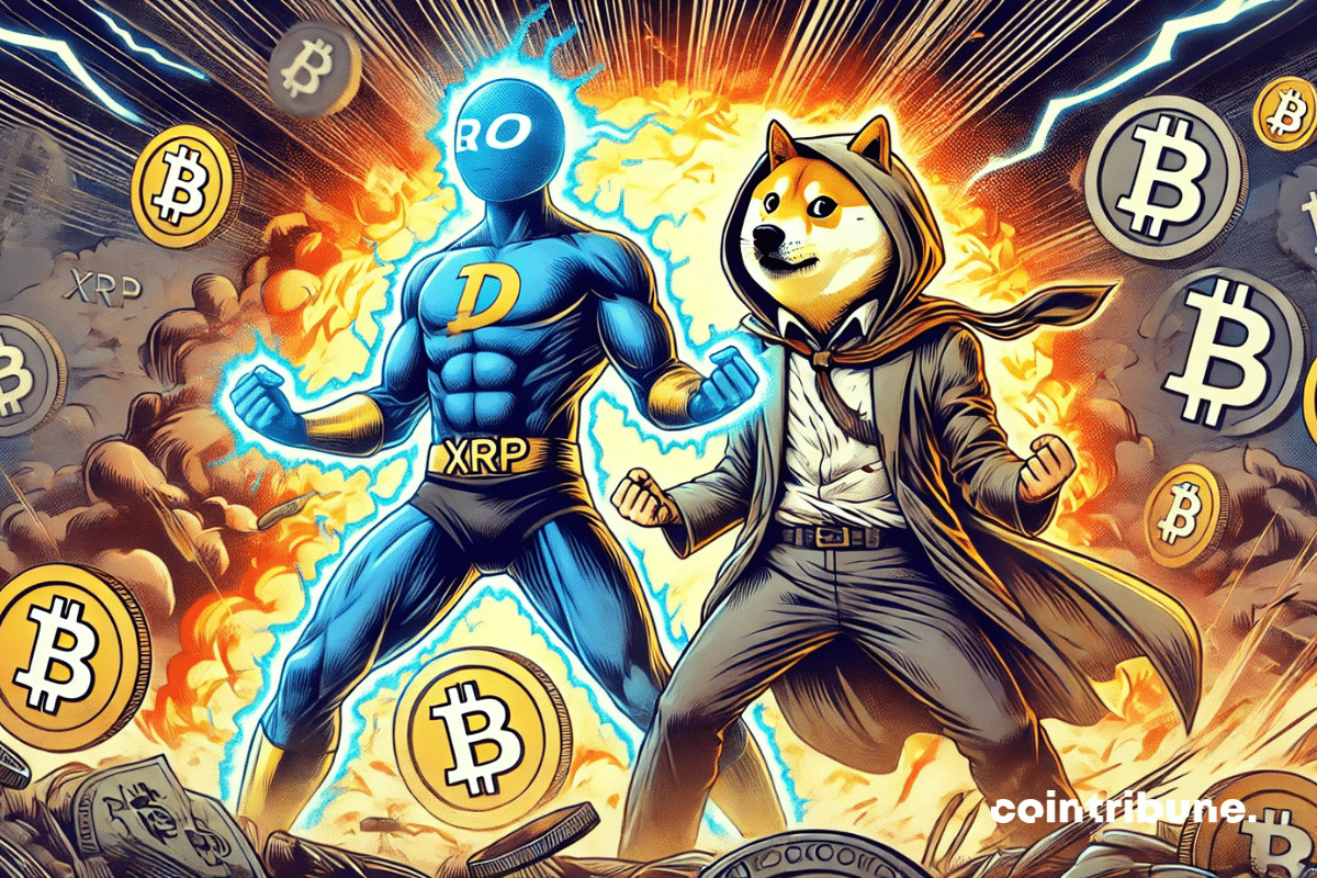 Illustration of two humanoid characters struggling to right themselves after the shock of the crypto market.
