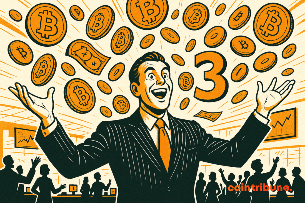 Un empresario sonriente en traje celebra mientras monedas de bitcoin y un gran número 3 flotan a su alrededor.