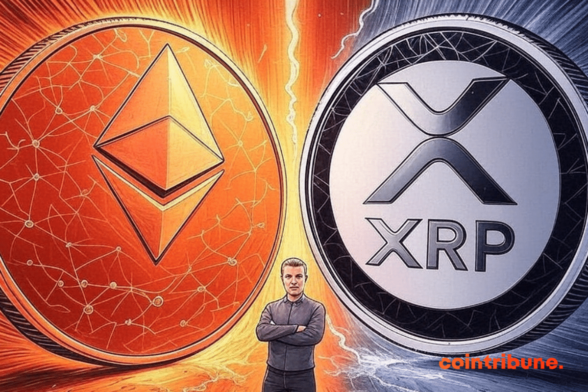 Illustration by Anatoly Yakovenko between two giant XRP and Ethereum coins