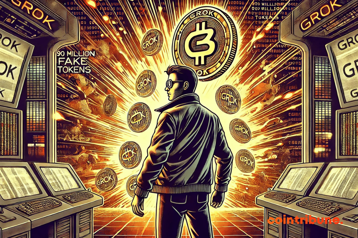 Illustration of CZ witnessing an explosion of fake Grok cryptos