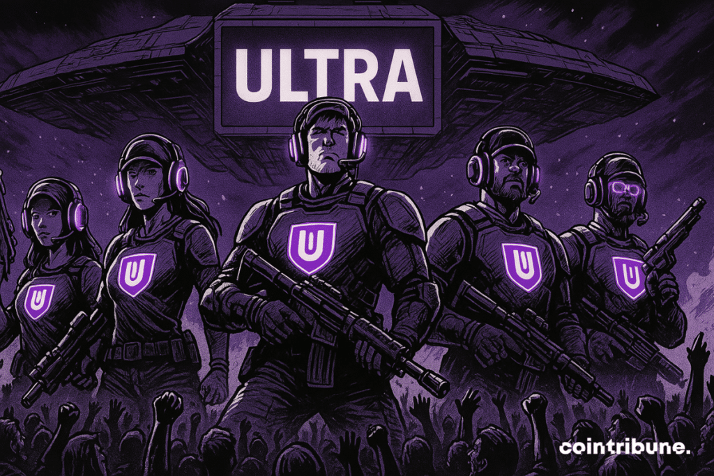A team of futuristic soldiers in purple uniforms with the Ultra logo, standing before a cheering crowd in a sci-fi setting.