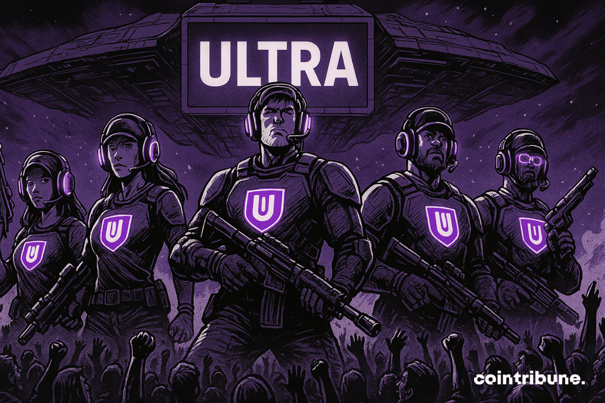 A team of futuristic soldiers in purple uniforms with the Ultra logo, standing before a cheering crowd in a sci-fi setting.