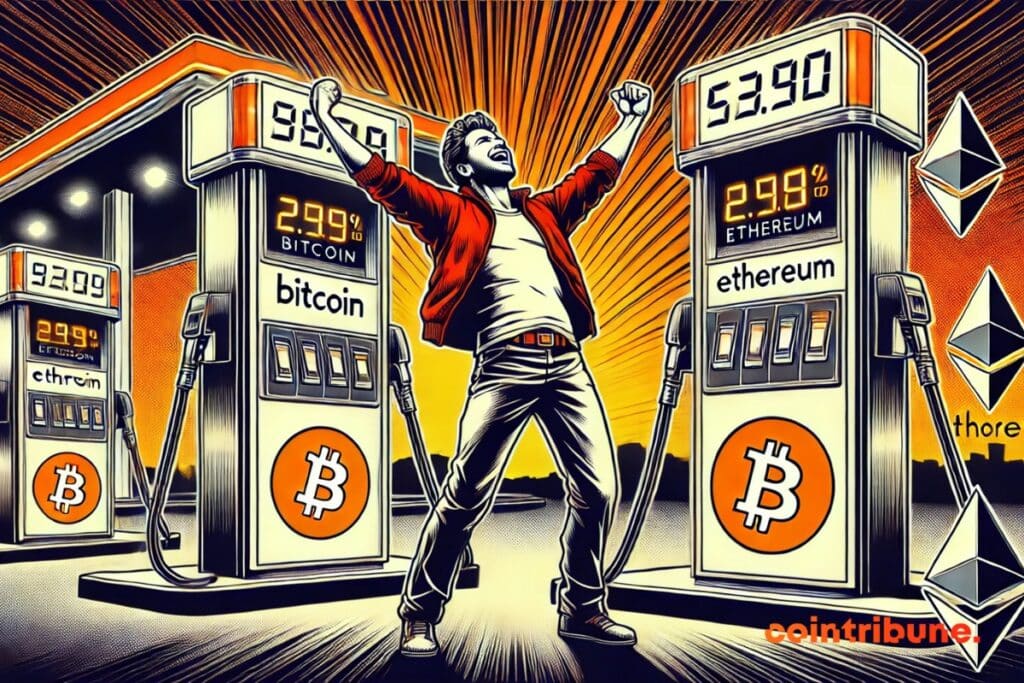 Un cripto inversor en una gasolinera donde las comisiones de bitcoin y Ethereum se han desplomado un 90%.