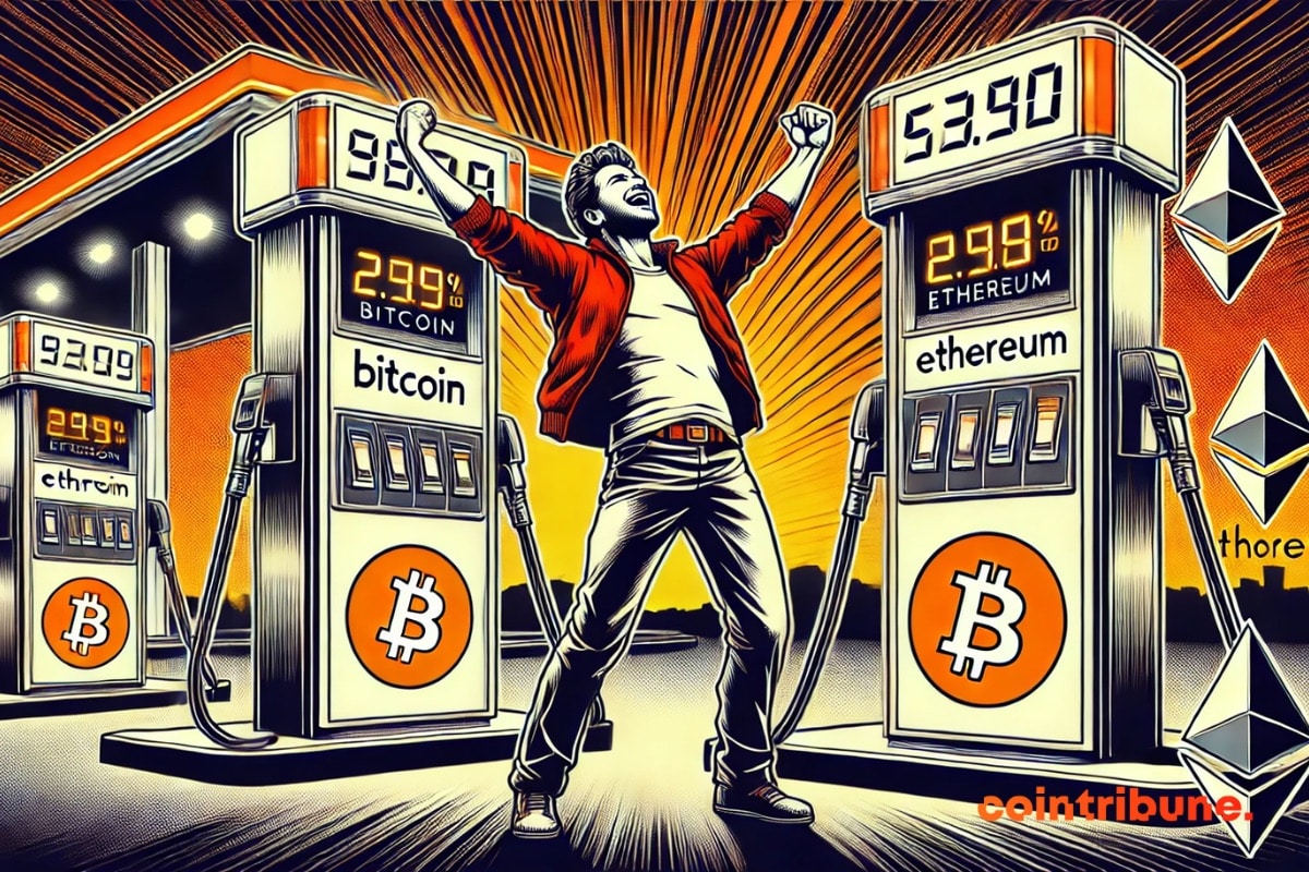 Um investidor de cripto em um posto de gasolina onde as taxas de bitcoin e Ethereum caíram 90%.
