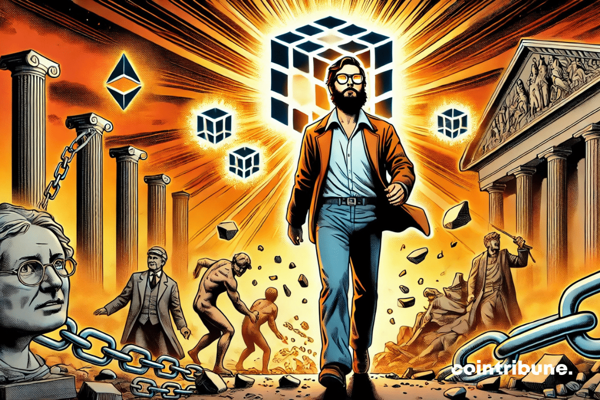 Illustration of Charles Hoskinson walking through a digital Agora