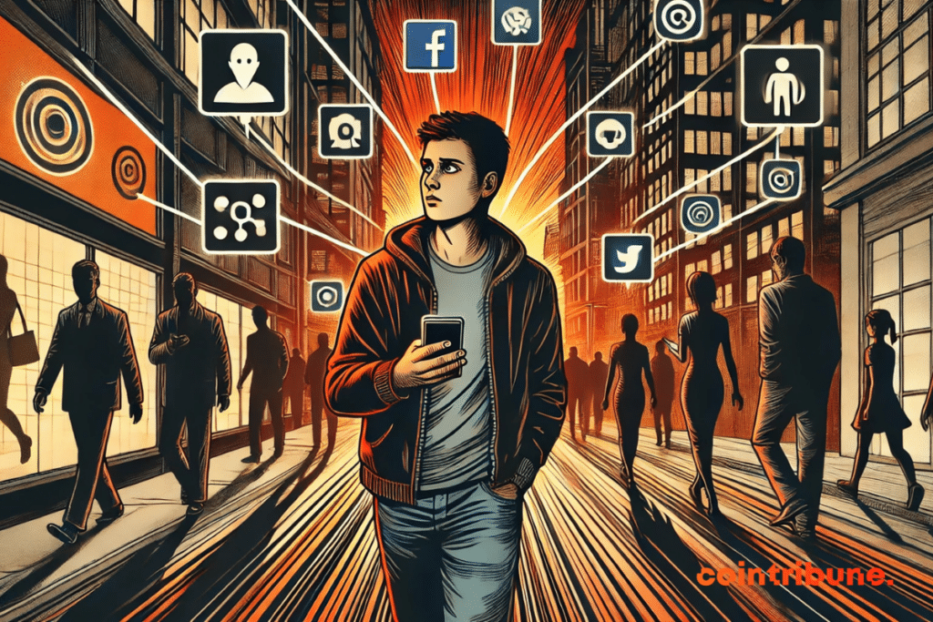 Una ilustración que muestra a un usuario de redes sociales interactuando con su teléfono inteligente.