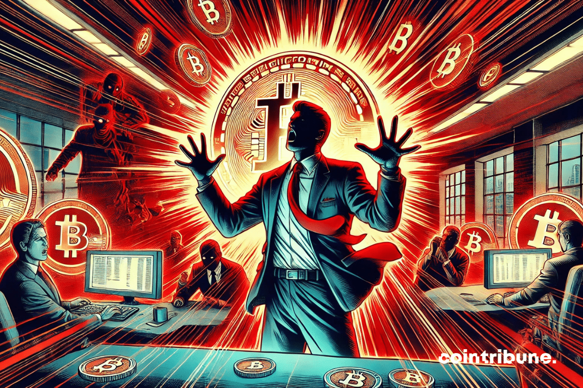 Illustration of Michael Saylor under intense pressure due to a massive Bitcoin sell-off.