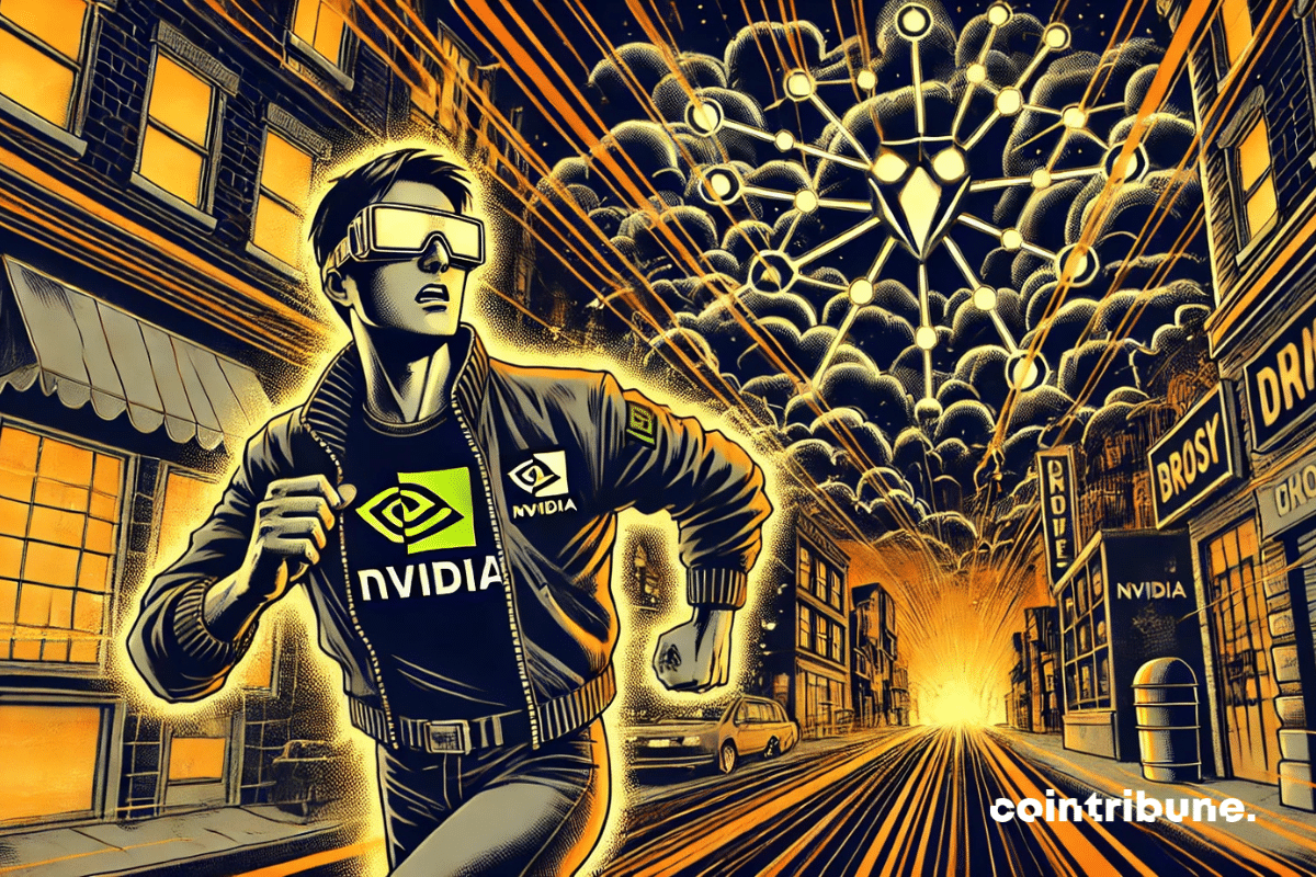 Representación de un hombre vestido con ropa futurista, con el logotipo de Nvidia, que corre presa del pánico por una ciudad nocturna huyendo de las criptomonedas.