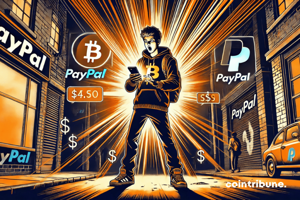 Illustration of a user surprised by the holograms of the crypto SOL and LINK emanating from his PayPal application.