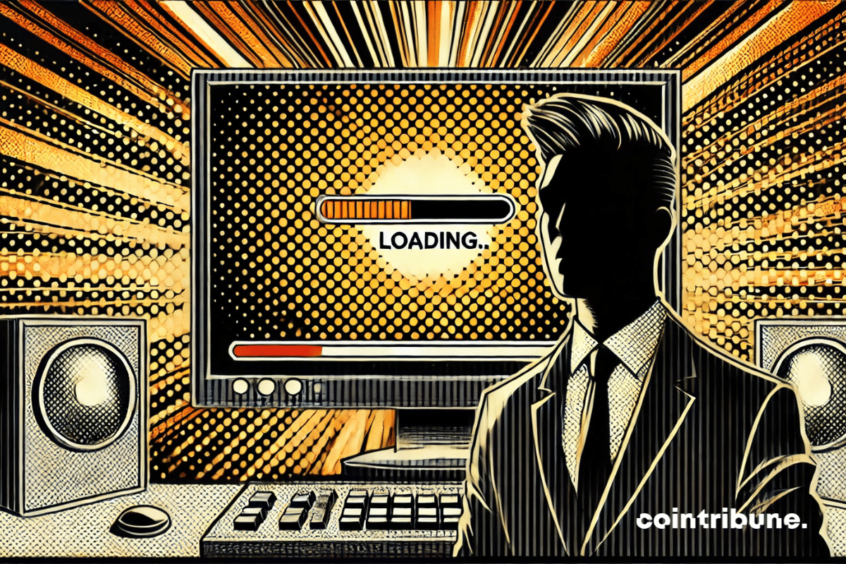 A close-up of a black streaming screen and a slowly advancing loading bar. Behind the screen, a blurred silhouette of the Pump.fun host seems frozen in expectation.