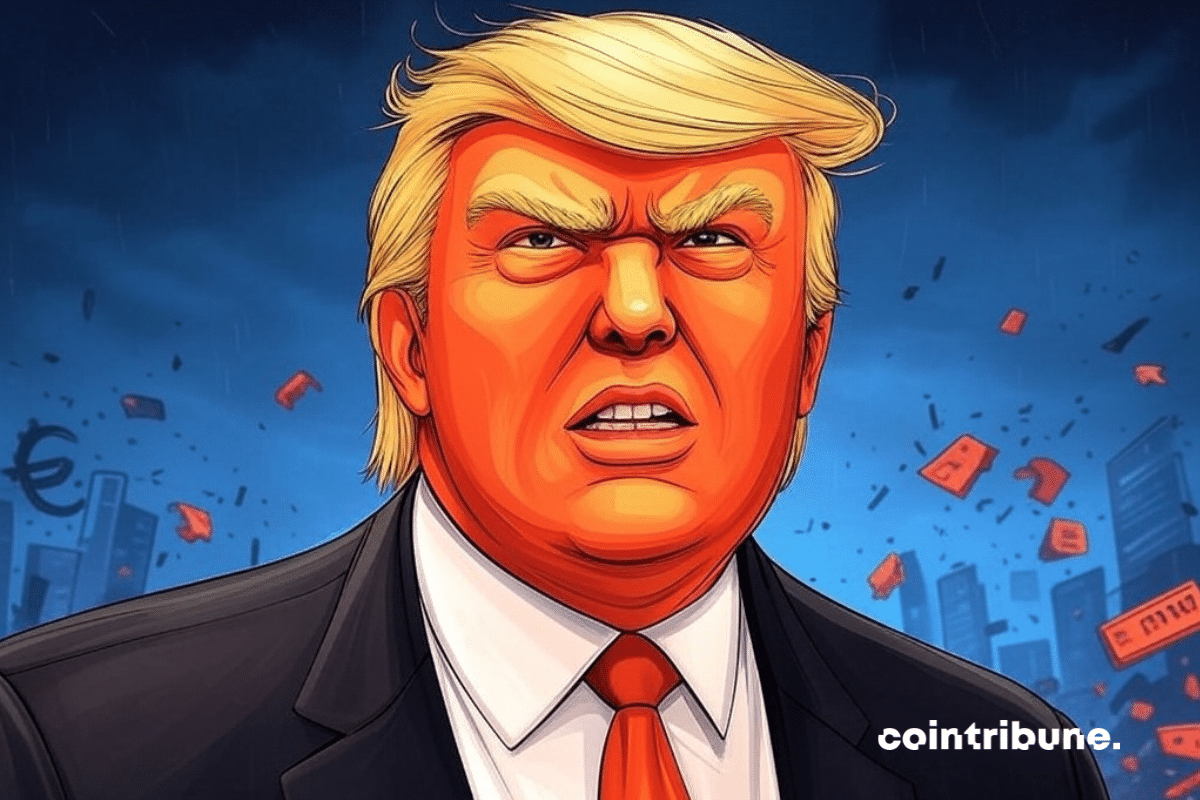 Donald Trump de terno, parecendo determinado, em frente a um gráfico de ações em queda, simbolizando o impacto de suas decisões nos mercados financeiros.