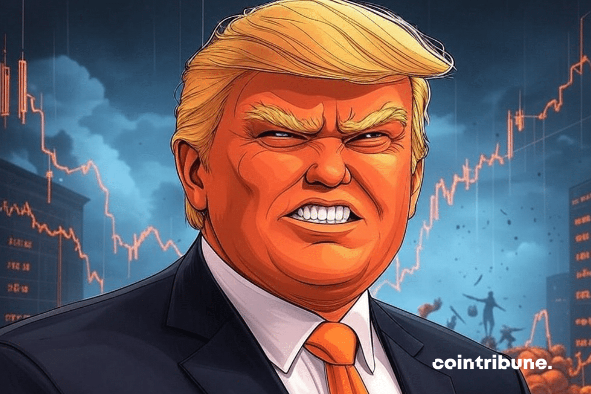 Donald Trump with a menacing expression, against a backdrop of plummeting stock charts and financial symbols in crisis.