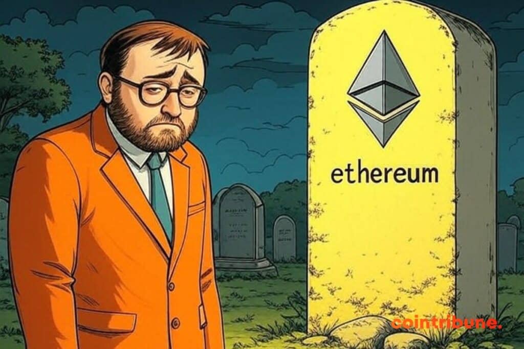 Charles Hoskinson mourns in front of Ethereum's grave.