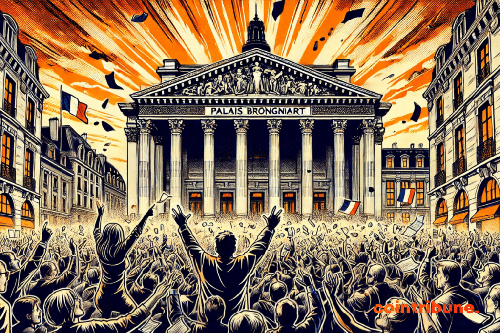 The collective euphoria in front of the Paris Stock Exchange (Palais Brongniart).