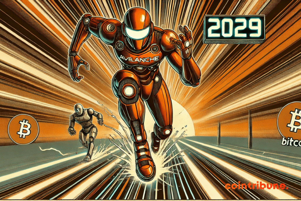 A frozen moment mid-stride, where Avalanche (AVAX) smashes the ground with power, leaving Bitcoin behind.