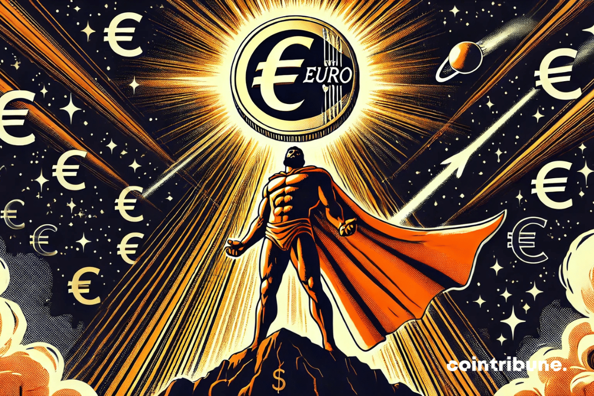 L’euro géant surplombe le monde et le dollar, dans une composition mythologique et triomphante.
