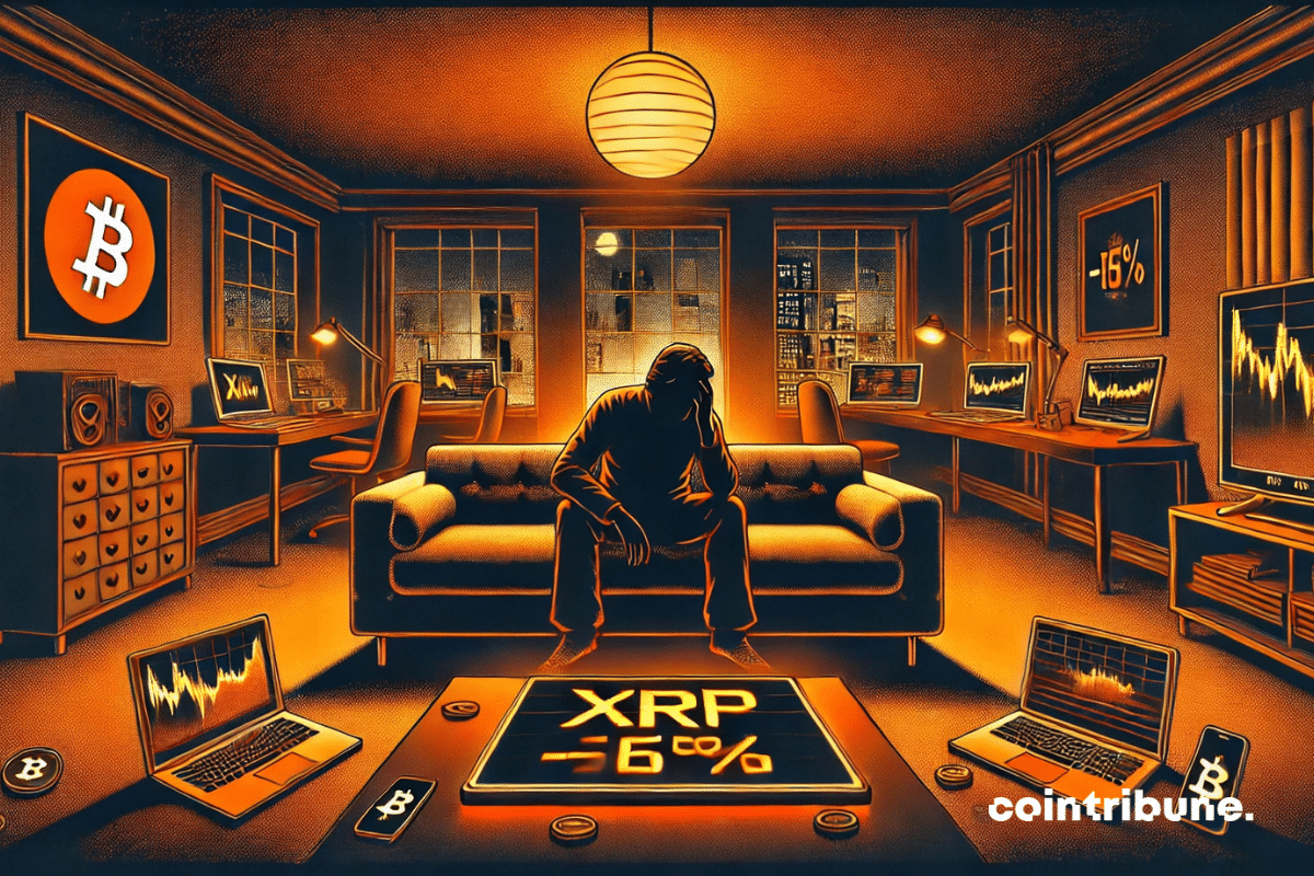 A crypto investor, alone in his living room, overwhelmed by the sudden drop in activity on the XRP network.