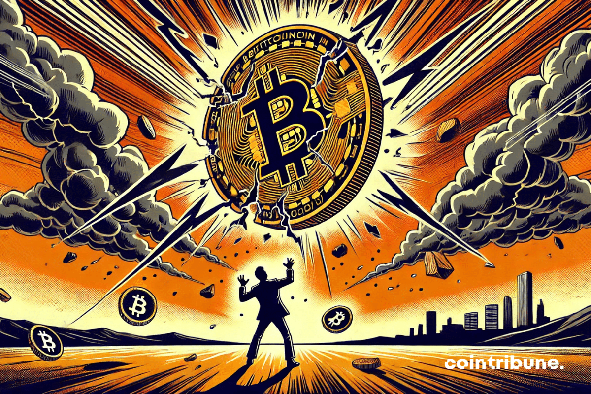The cracked Bitcoin coin falls from the sky in an apocalyptic atmosphere, heightening the dramatic tension of the drop below $80,000.