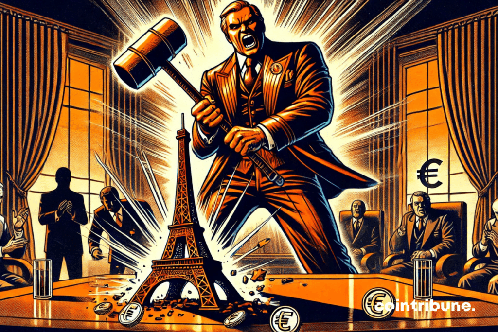 A symbolic leader, in this case Trump, violently striking a miniature Eiffel Tower, an iconic monument of France.