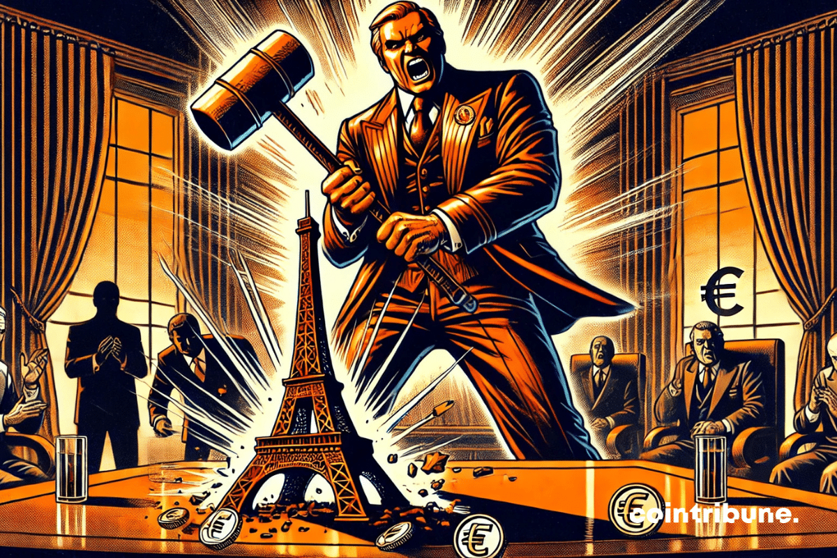 A symbolic leader, in this case Trump, violently striking a miniature Eiffel Tower, an iconic monument of France.