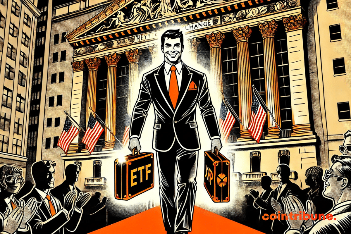Un criptooperador sostiene orgulloso dos maletas: una marcada ETF, la otra XRP, bajo los focos de Wall Street.