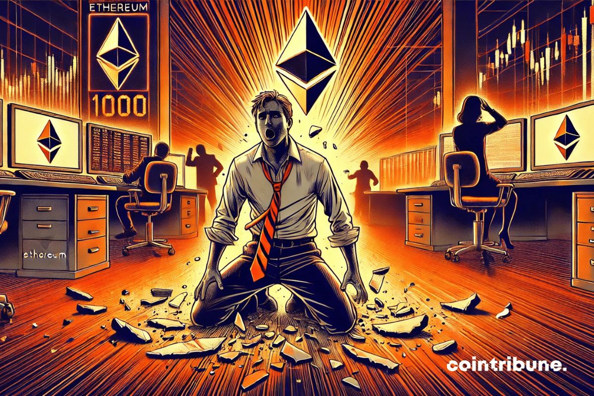A crypto trader in a shirt and loosened tie, sitting on the floor with his back against a wall, eyes blank. Beside him, a giant shattered Ethereum logo on the ground and a screen glowing “$1000” in bright orange light.