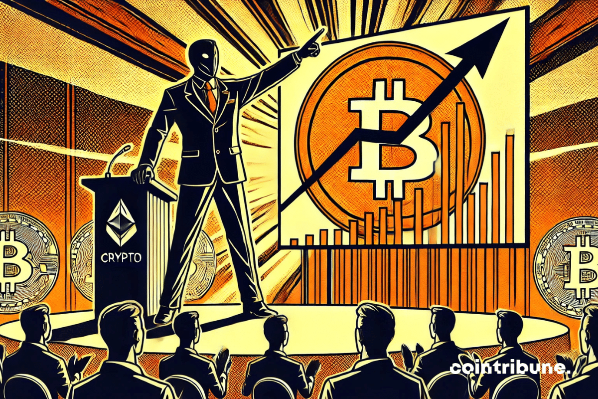Um discurso cripto simbólico de Trump com uma alta meteórica projetada na tela.