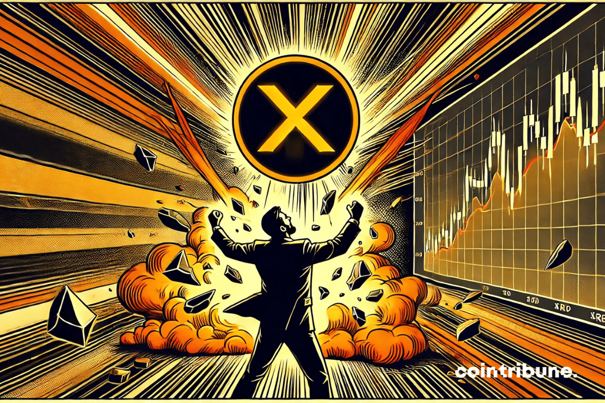 An explosive chart breakout from which bursts a stylized and powerful beam of the XRP crypto.