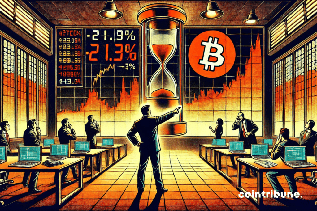 Un analista principal, de pie en el centro con traje formal, frunciendo el ceño, señalando un punto específico en una gran pantalla vertical que muestra un gráfico del Bitcoin en caída libre.