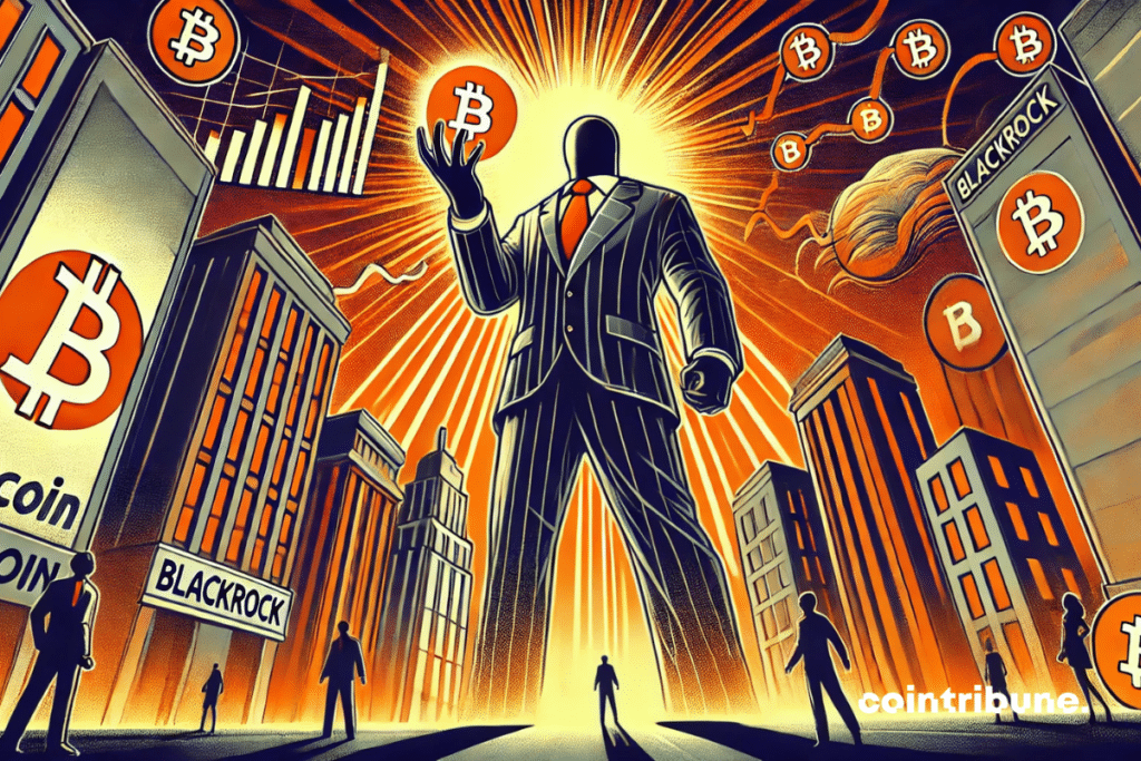 Um gigante dominante (BlackRock) com um Bitcoin em mãos.