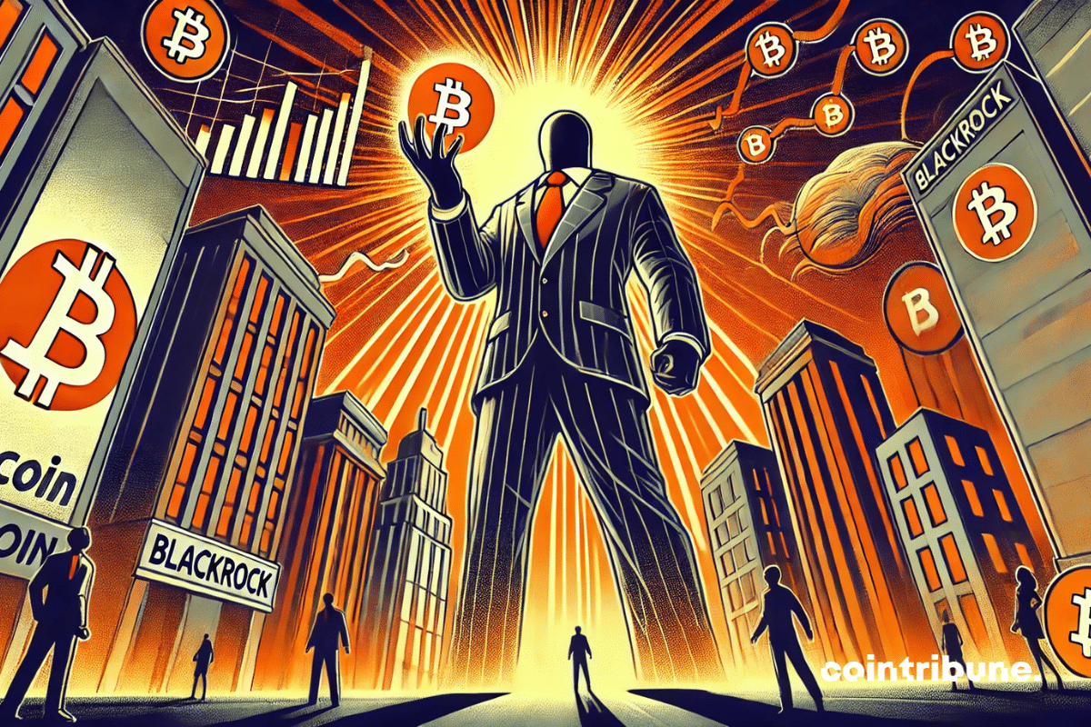 Un gigante dominante (BlackRock) con un Bitcoin en la mano.