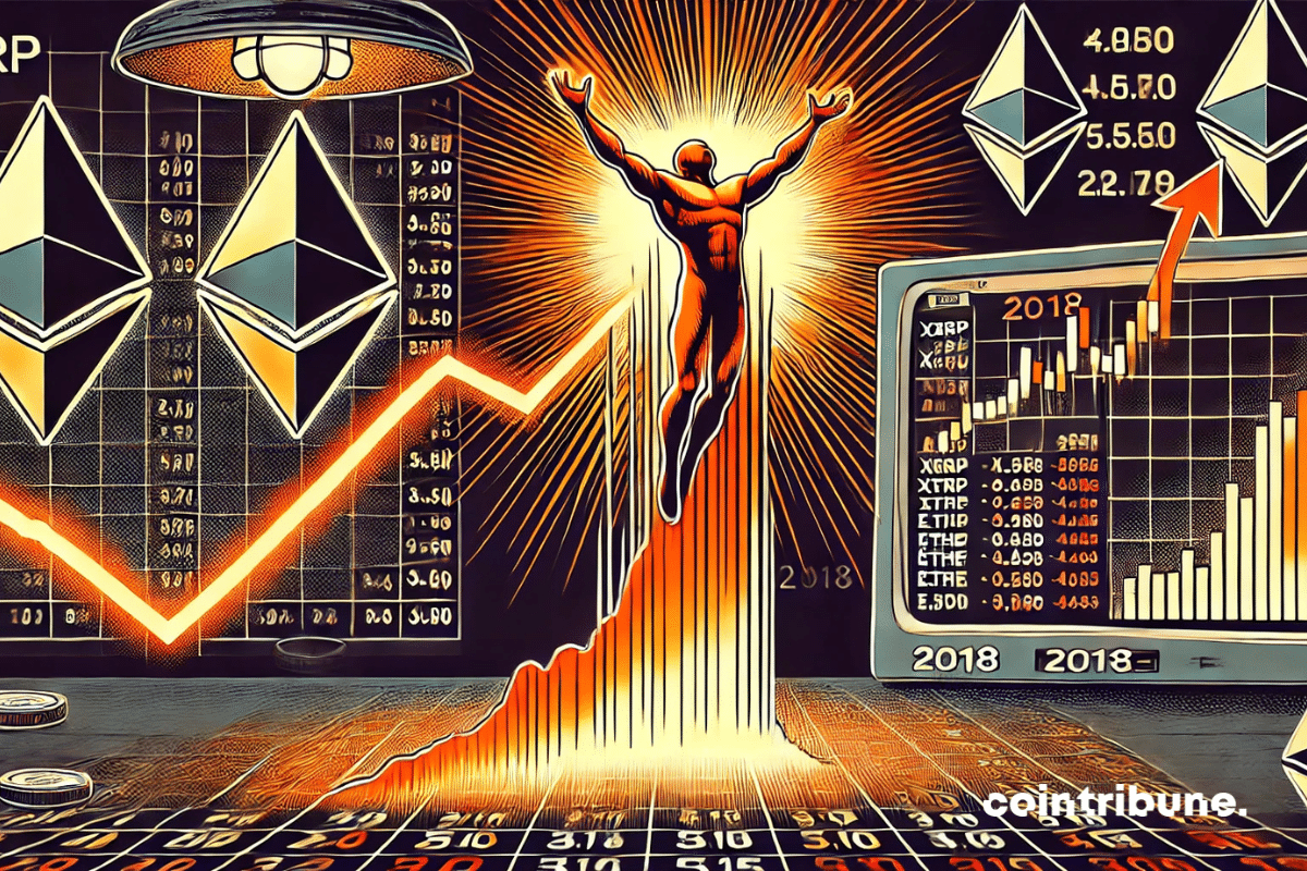 XRP and Ethereum take shape in a stylized and animated crypto graphic duel.