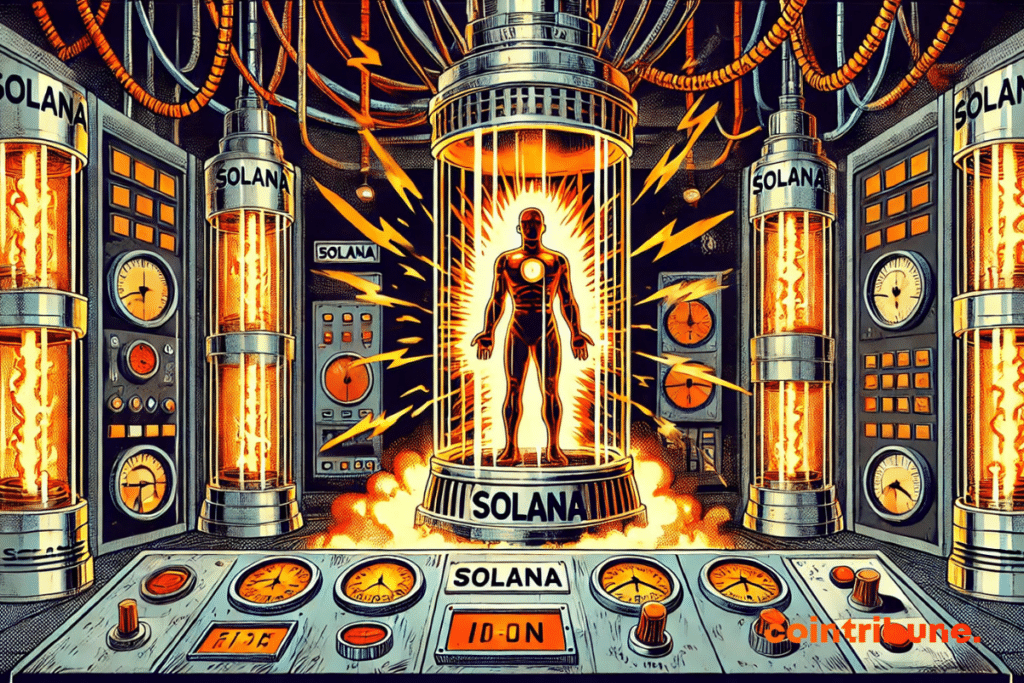 Solana está bajo alta presión. La energía está a punto de desbordarse. Los indicadores en sobrecalentamiento, el vapor y los rayos refuerzan visualmente la idea de que el precio de la cripto está a punto de explotar.