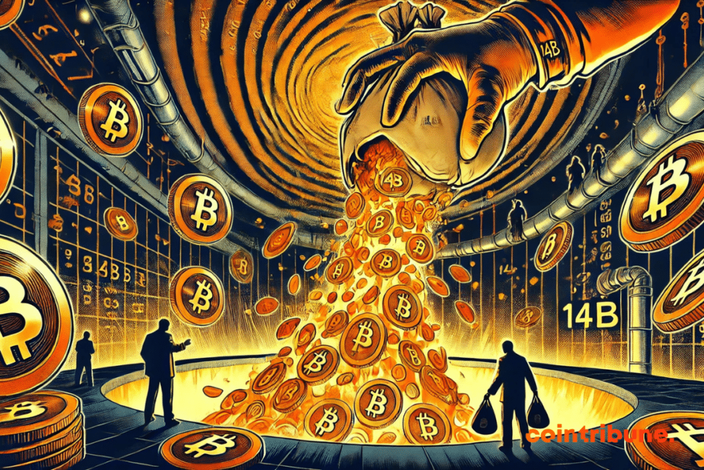 Uma mão gigante com luvas derrama uma cascata de Bitcoins de uma bolsa marcada com “14B”.
