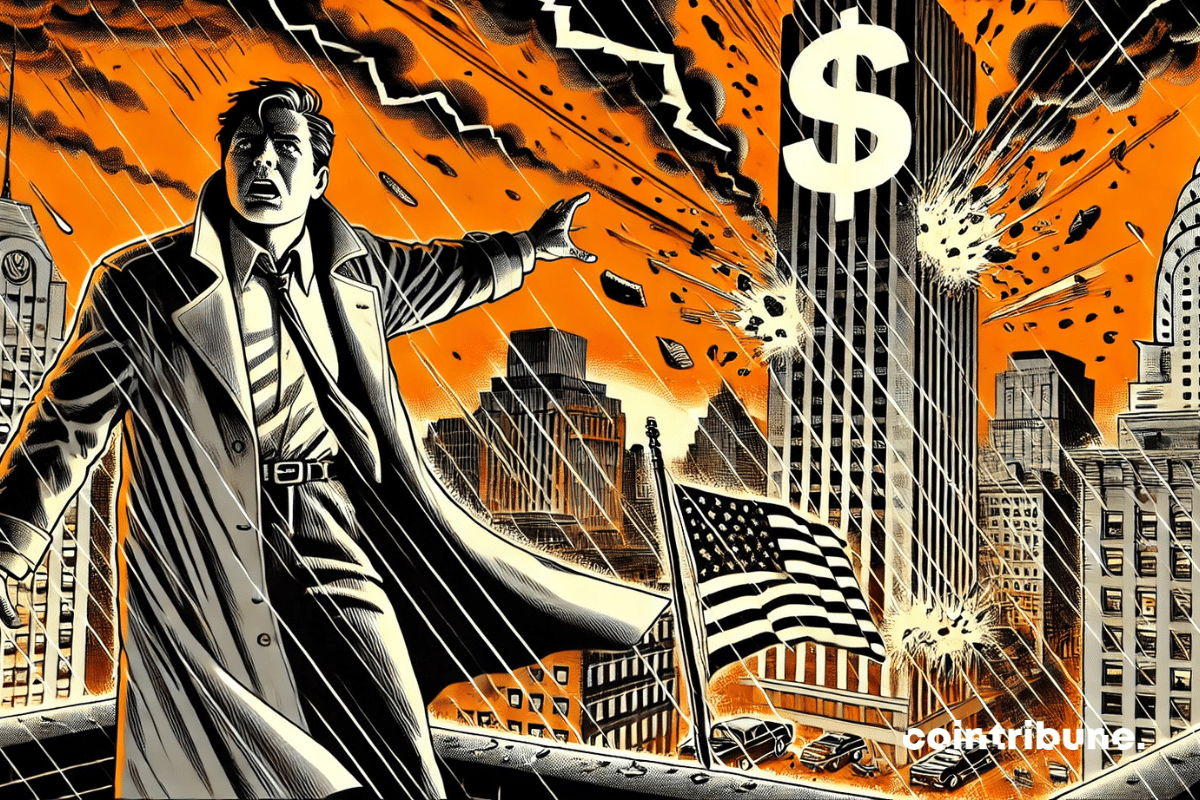 Peter Schiff en éclaireur d’apocalypse financière, pointant l’effondrement d’un gratte-ciel bancaire sous un ciel déchaîné ce qui symbolise l'effondrement des Banques aux États-Unis.