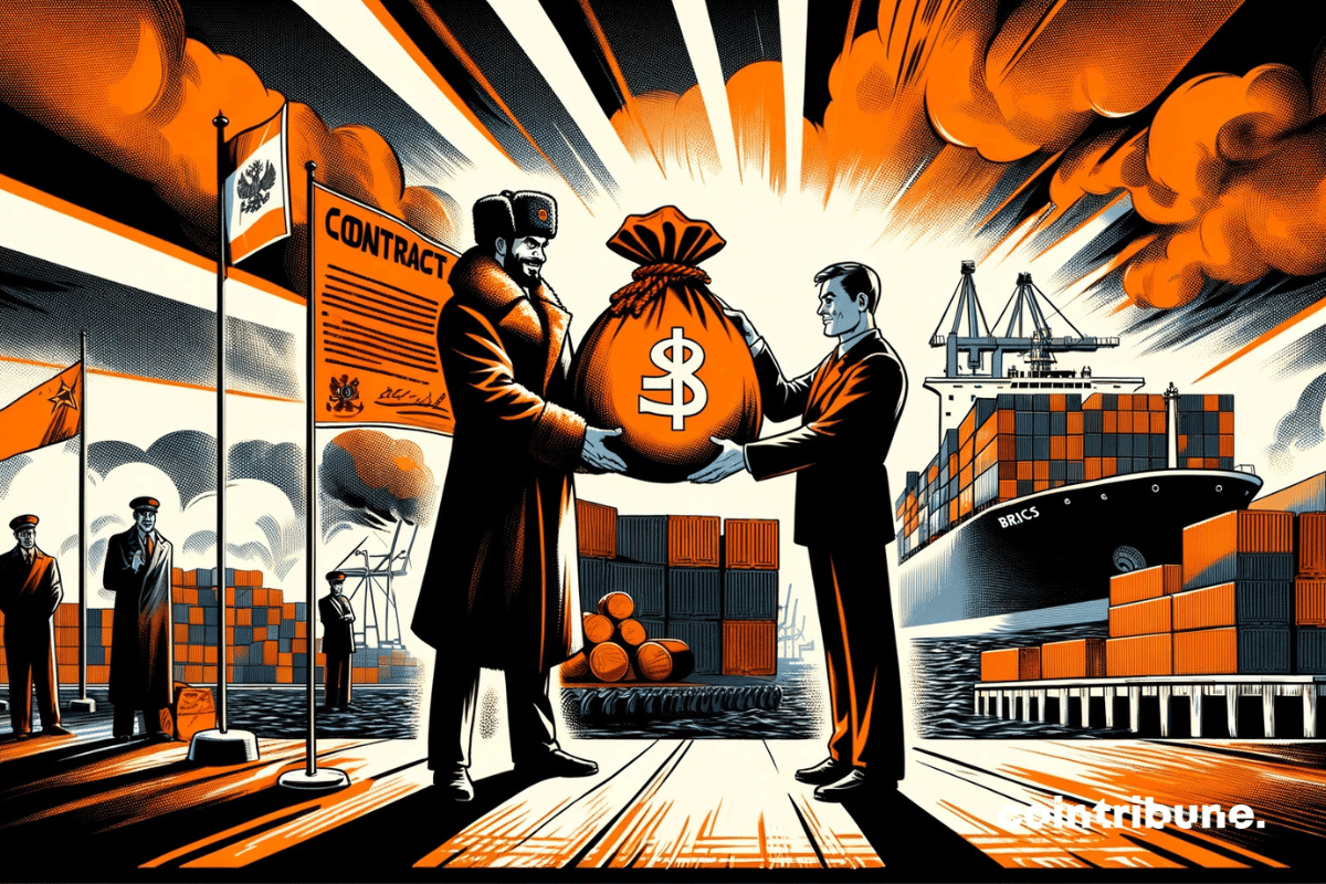 La Russie, membre des BRICS, dans son rôle de négociateur stratégique, dominant son port industriel avec assurance. L’échange en roubles est mis en lumière avec puissance et symbolisme.