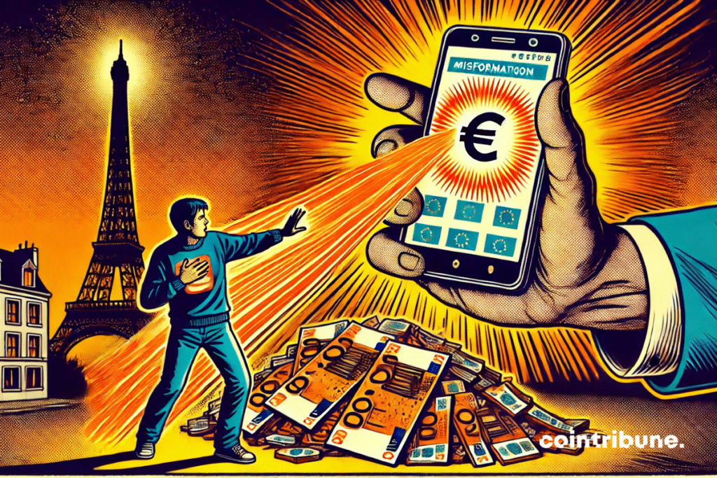 Le smartphone géant projetant un rayon menaçant sur les euros, tandis qu’un citoyen français s’interpose ce qui symbolise l'annonce de la fin du cash en France remplacé par l'euro numérique via une fausse vidéo TikTok.