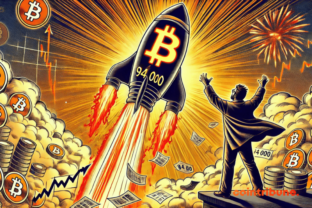 Bitcoin despegando hacia los 94 000 $, con un trader eufórico que lo vive como un espectáculo histórico.