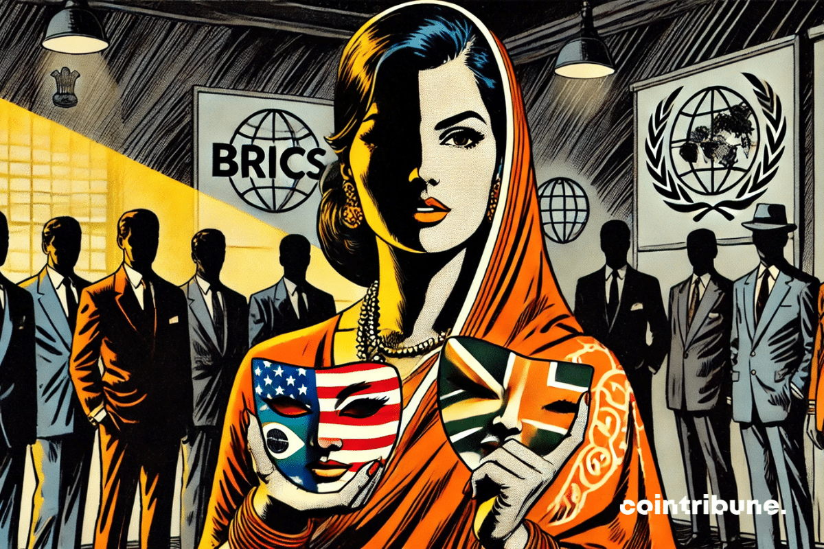 A woman symbolizing India, a member of the BRICS alliance, dressed in a sari adorned with stylized traditional patterns in orange and white. She embodies calm, intelligence, and ambiguity.