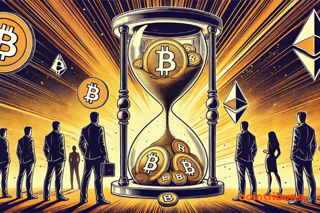 El enorme reloj de arena de monedas de Bitcoin y Ethereum, los traders preocupados y los elementos visuales de cuenta regresiva reflejan perfectamente la tensión relacionada con la expiración de las opciones cripto.