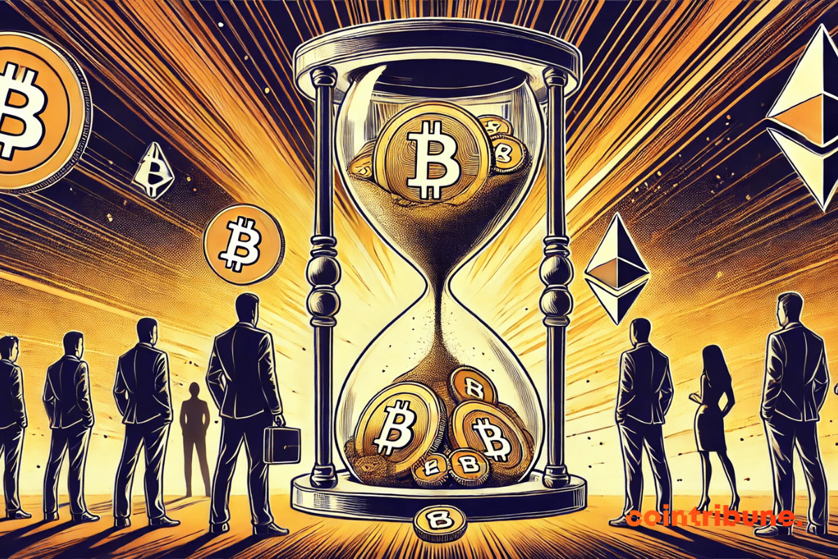 A enorme ampulheta cheia de moedas de Bitcoin e Ethereum, os traders preocupados e os elementos visuais de contagem regressiva traduzem perfeitamente a tensão em torno do vencimento das opções cripto.
