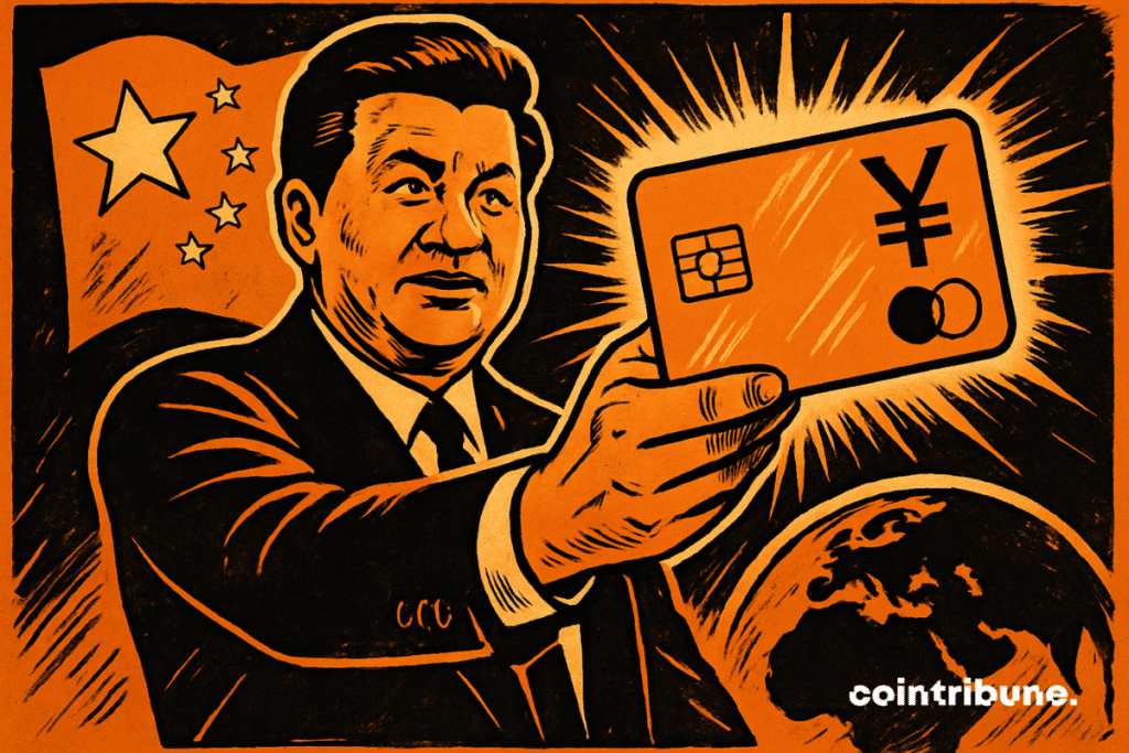 Un leader de la Chine en costume moderne, bras tendu vers l'avant, tenant une carte de paiement lumineuse ce qui symbolise la promotion du système de paiement propre aux BRICS.